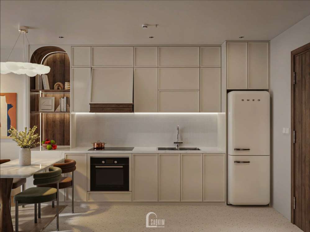 Không gian bếp ăn tại thiết kế nội thất căn hộ 3 ngủ Masteri Vinhomes Ocean Park phong cách hiện đại mix Japandi
